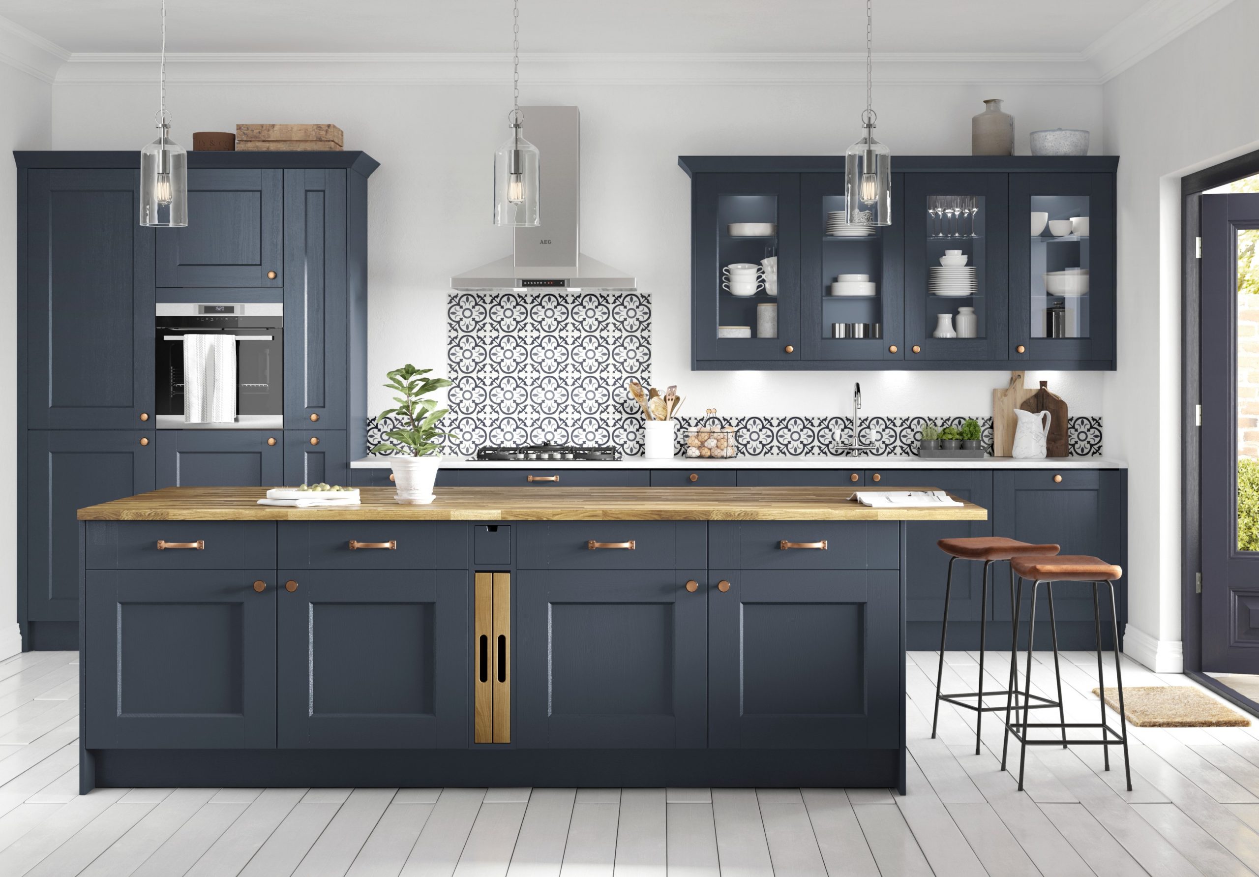 Classic Kitchen area with indigo cabinetry