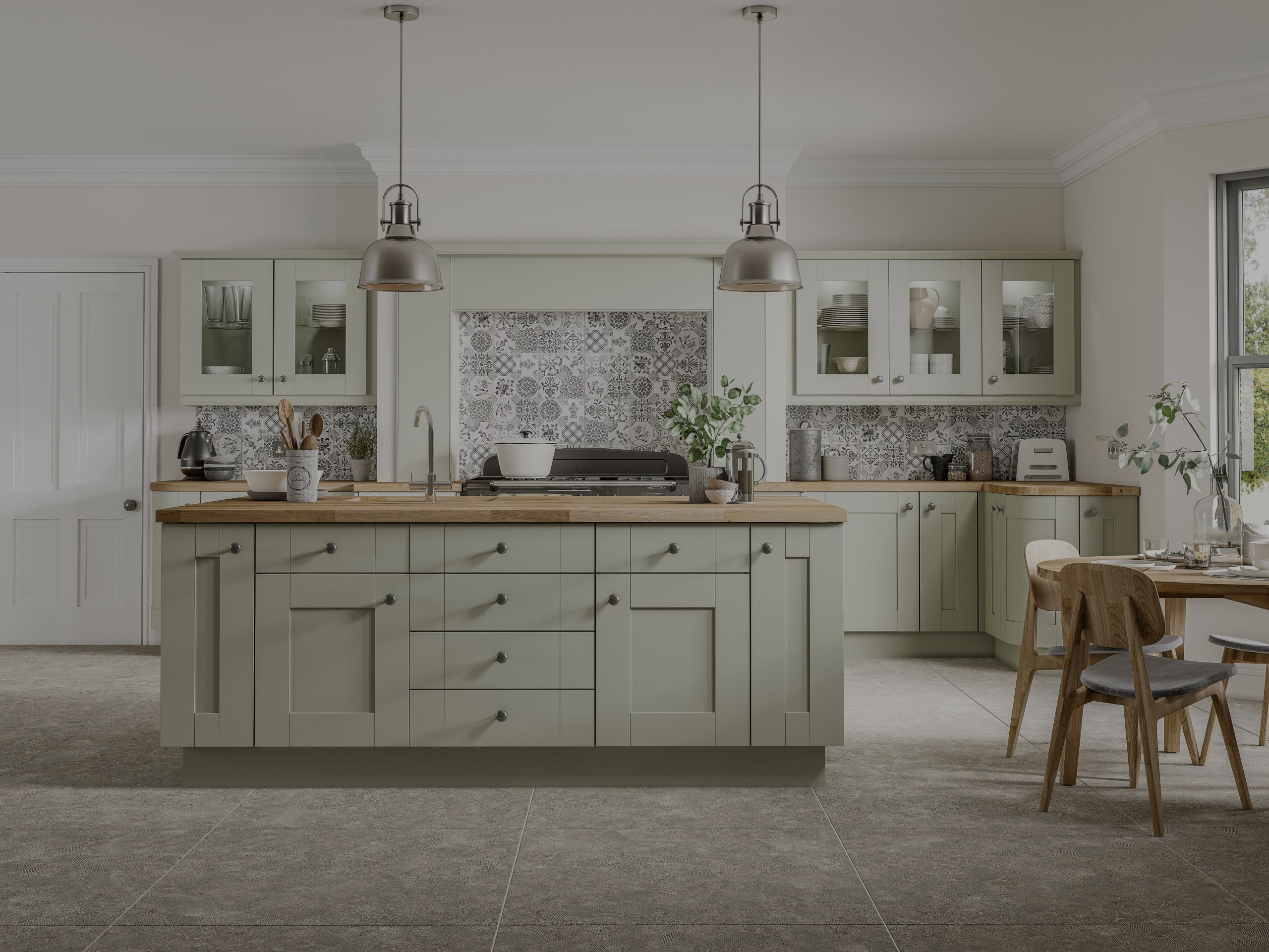 Classic/Traditional kitchen area with island bay and classic pastel green cabinetry