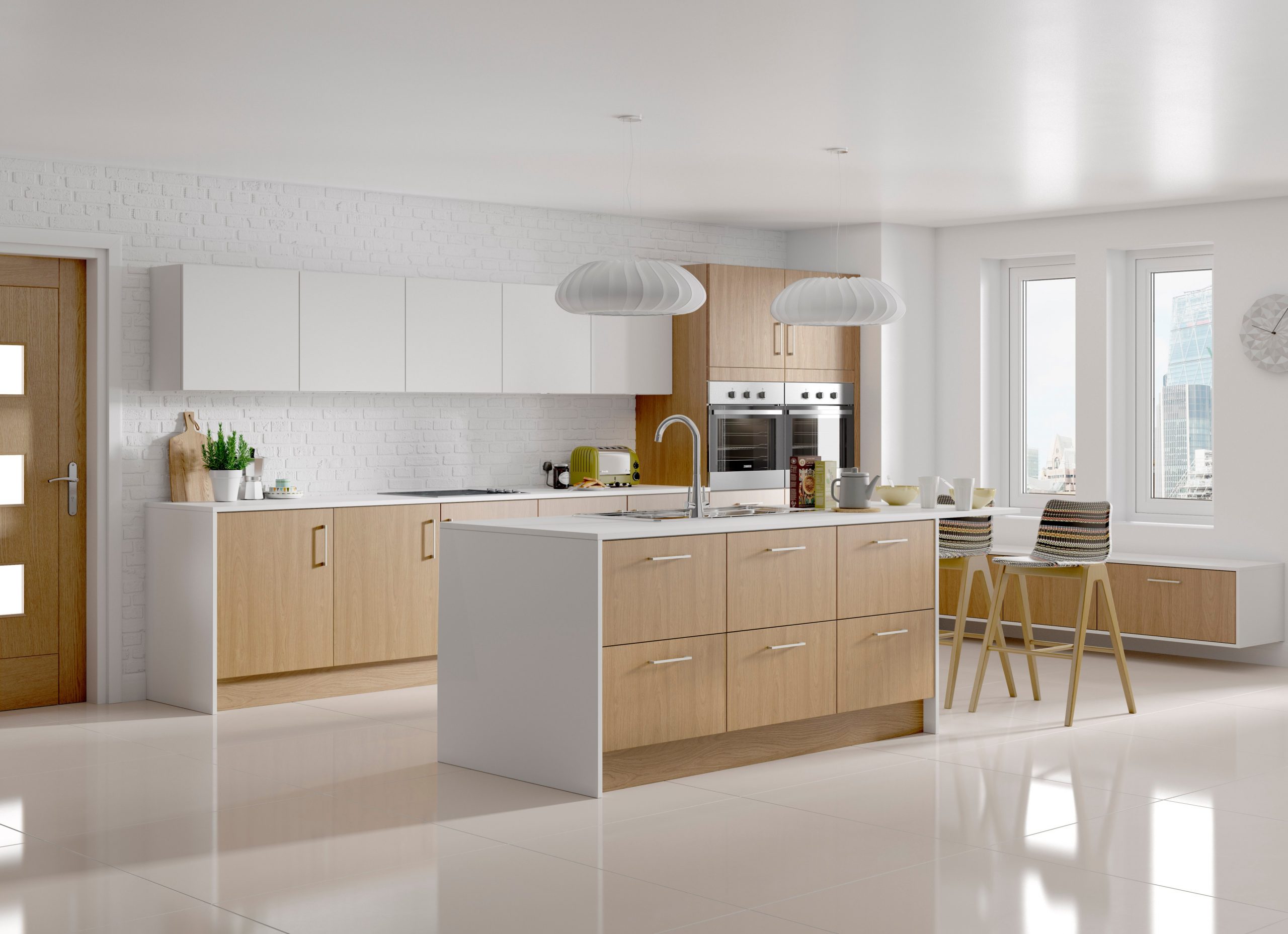 Modern white kitchen area with island bay and modern oak cabinetry
