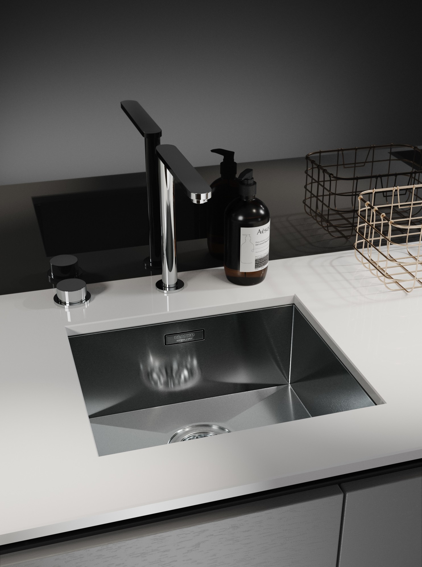 Modern kitchen sink surface with tap