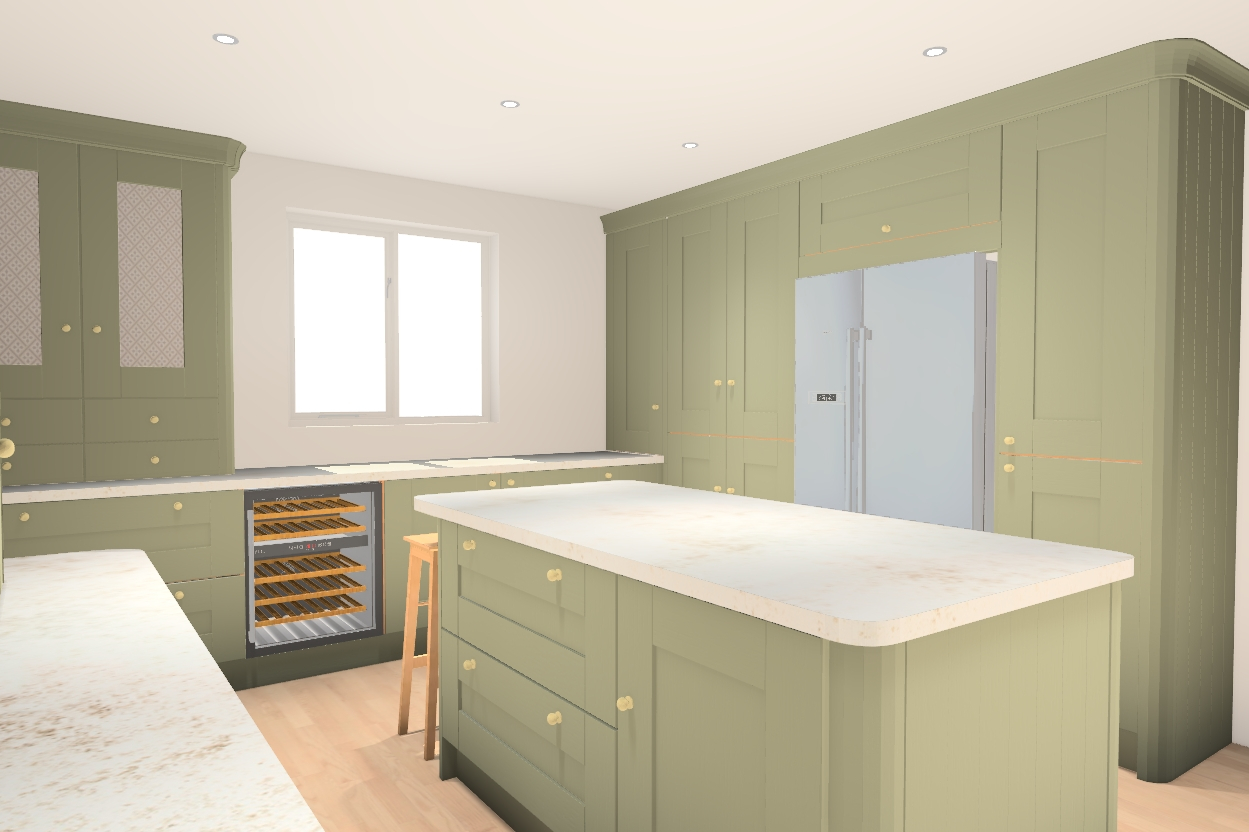 A computer render of a kitchen design with classic cabinetry
