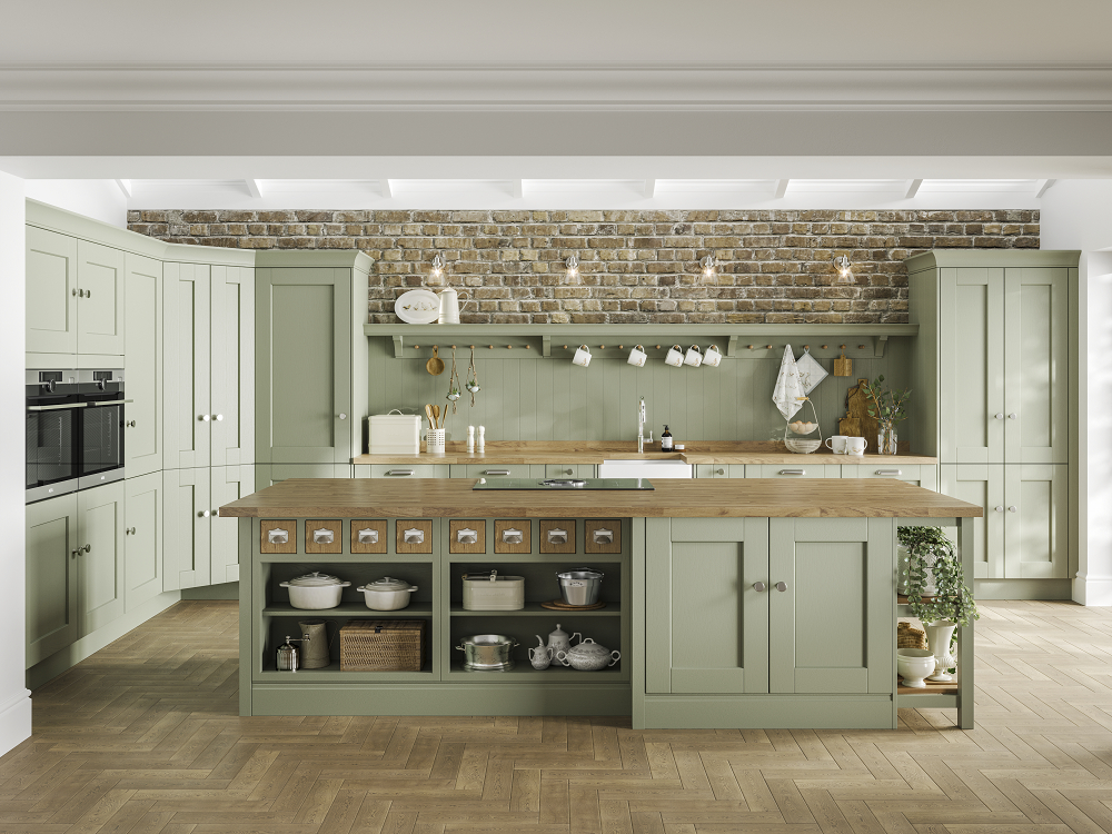 Kitchen area with island bay and classic pastel green cabinetry